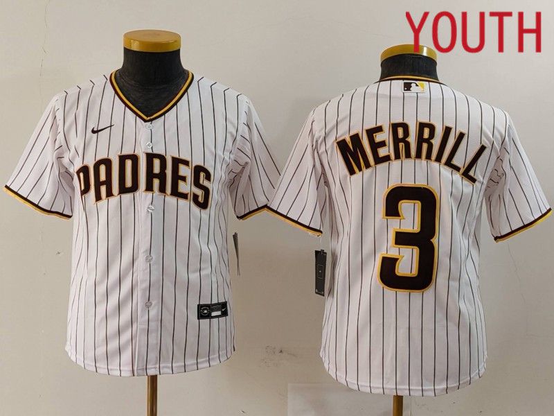 Youth San Diego Padres #3 Merrill White stripe Game 2024 Nike MLB Jersey style 1